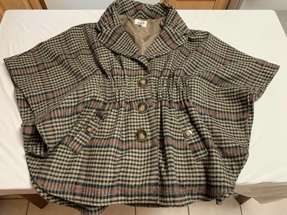 Poncho Jolt Cape Beige a Cuadros ~ Botones Grandes Cintura Cintada Completamente Forrado Talla M Foto 3 de 4