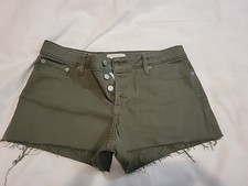 Lucky Brand Women  s Green Cut-Off Shorts Size 10 Button Fly Distressed Denim
