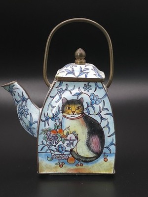 Obstschale Katze Design Miniatur Kaiserin Kunst Emaille handgetanzt Teekanne sehr guter Zustand