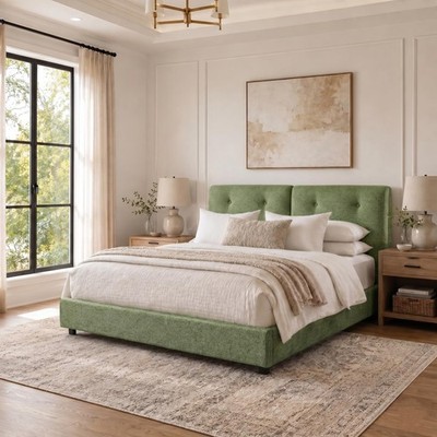 Green Queen Boucle Upholstered Bed Frame with Headboard Washable Wood Slats