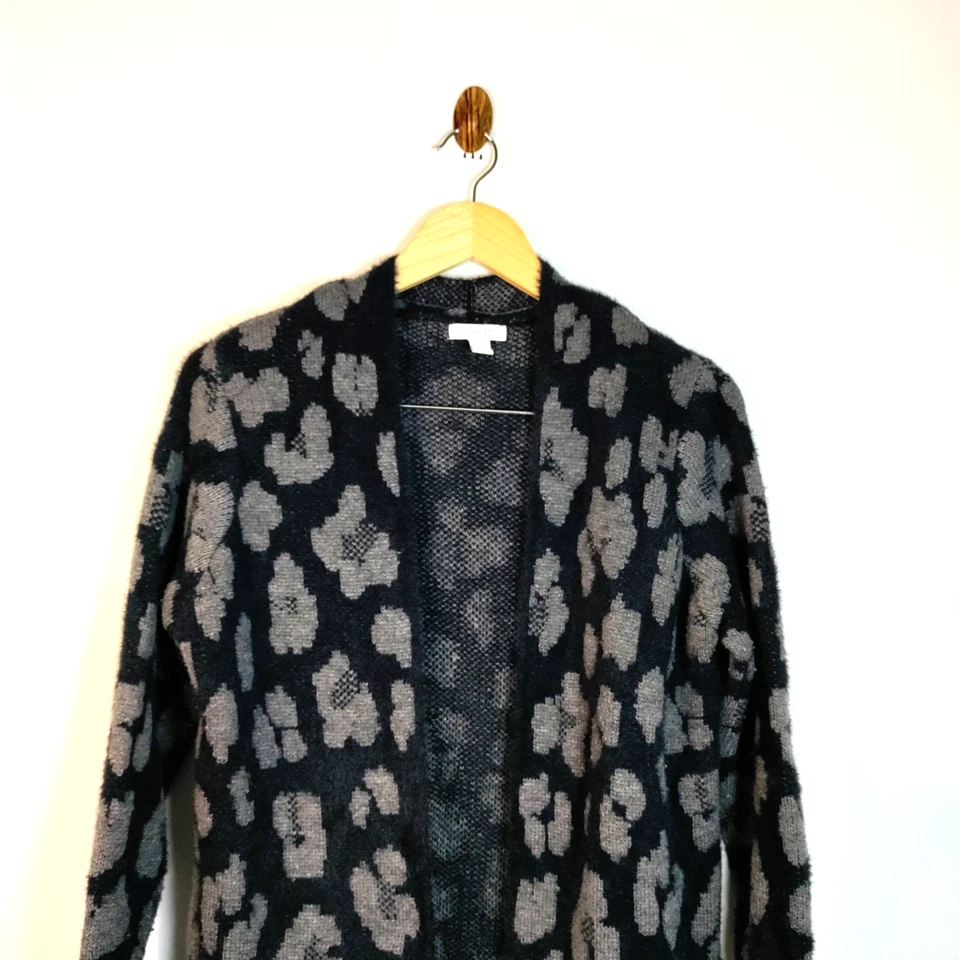Nine West Open Cardigan Sweater NAVY/Gray Animal Print Duster Artsy Ethereal M - Image 3 of 4