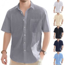 Men's Cotton Linen Casual Button Down Shirts Short Sleeve Beach Summer Shirt