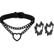 Black Leather Skeleton Choker & Heart Spike Earrings - Ideal Gothic Jewelry Gift