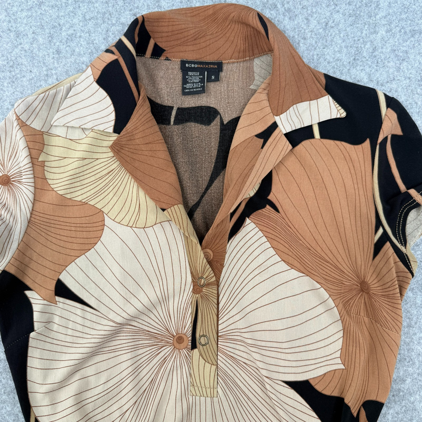 BCBG MAXAZRIA Women's Bold Floral Print Dress Small Brown Button Snap Belted