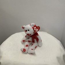 2000 Ty Beanie Baby Smooch Kisses White Teddy Bear Plush Animal Toy