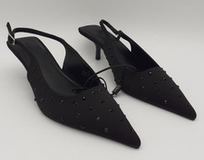 M&S Women's Studded Pointed Toe Satin Slingback Kitten Heels Black Size 3 New