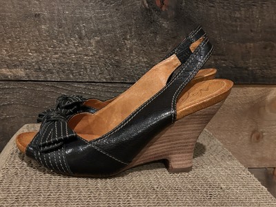 Naya Sandals Women Giada 7 Shoes Black Leather Wedge Bow Slingback Peep Toe EUC