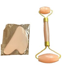 Pink Stone Face Roller Gua Sha Set, Manual Handheld, Face/Neck, Gold