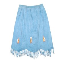 Vintage Blue Turquoise Fringed Midi Skirt Western Cowgirl Feather Boho 3X USA