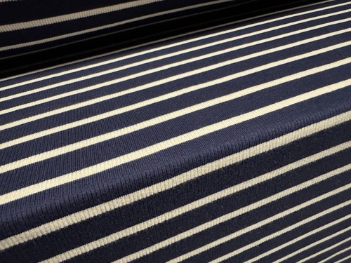 Stretch Spandex Rib Jersey Fabric, Per Metre - Stripe - Navy Blue & Off White - Picture 2 of 3