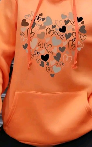 Women Graphic Big+Sm Hearts Print Pullover Loose Orange Sweatshirt Hoodie Sm 4 - Picture 4 of 9