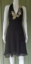 New ADRIANNA PAPELL Boutique Black Silk Chiffon Dress 6 Embroidered Lace
