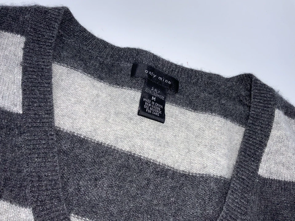 Suéter Only Mine cuello en V para mujer M gris a rayas 2 capas 100 % cachemir YGI B4-6 Foto 4 de 4