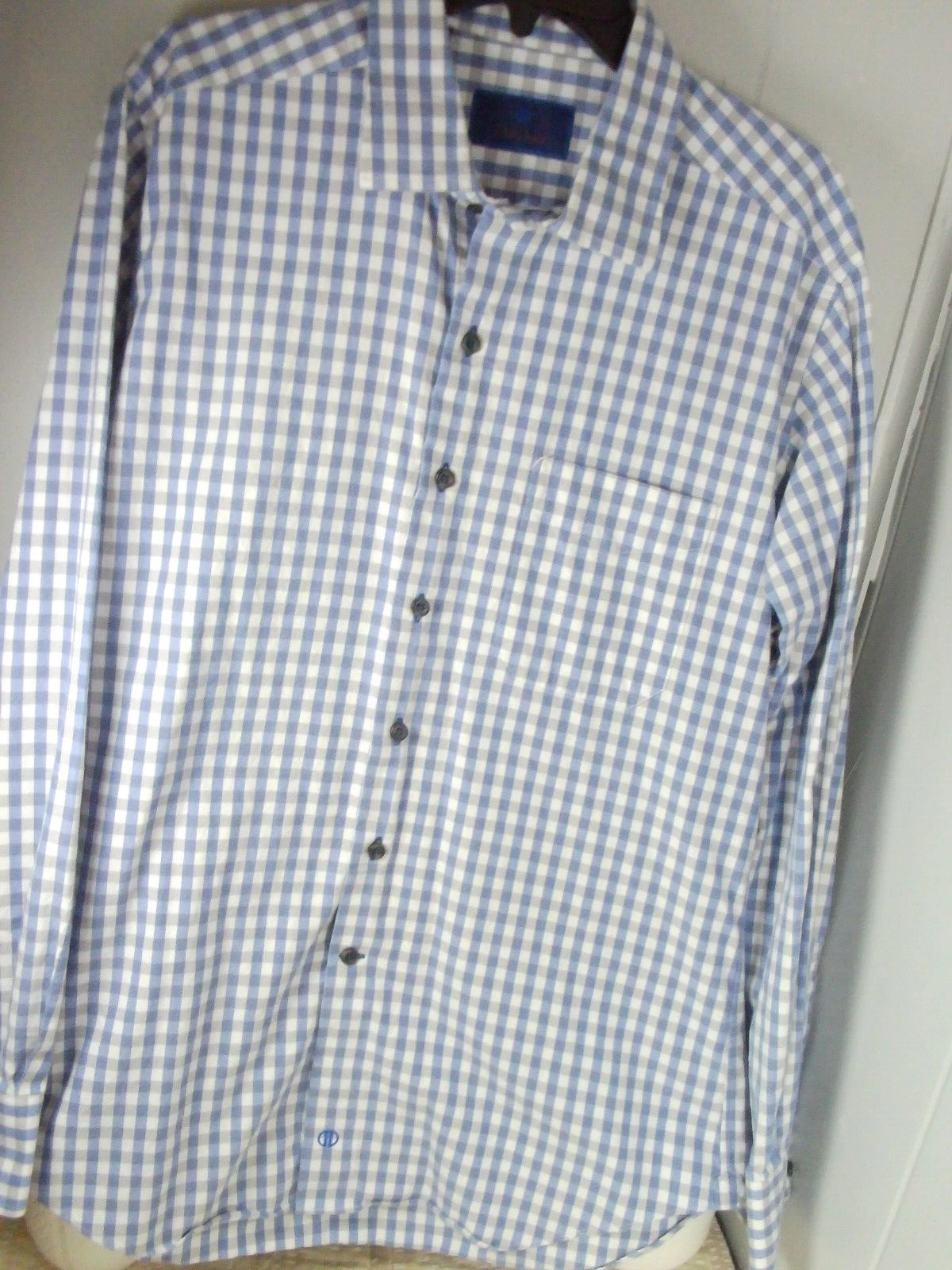 David Donahue Shirt Men's Large Blue Gray Plaid Cotton Dress Casual Button up