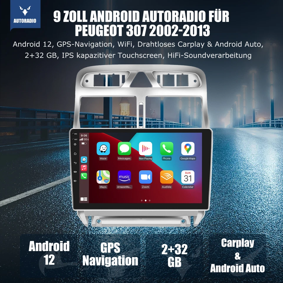 Für Peugeot 307 2002-2013 9" Android 11 Autoradio GPS Navi BT WiFi DAB+ Carplay - Bild 2 von 4
