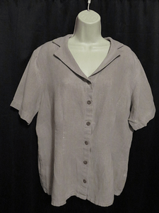 FLAX-Top-Blouse-Short-Sleeved-Button-Front-Khaki-Tan-100-Linen-Size-L