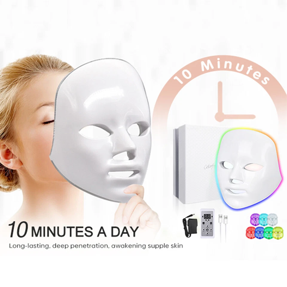 LED Light Photon Face Mask Rejuvenation Skin Facial Wrinkle Therapy 7 Color Gift - Image 2 of 4