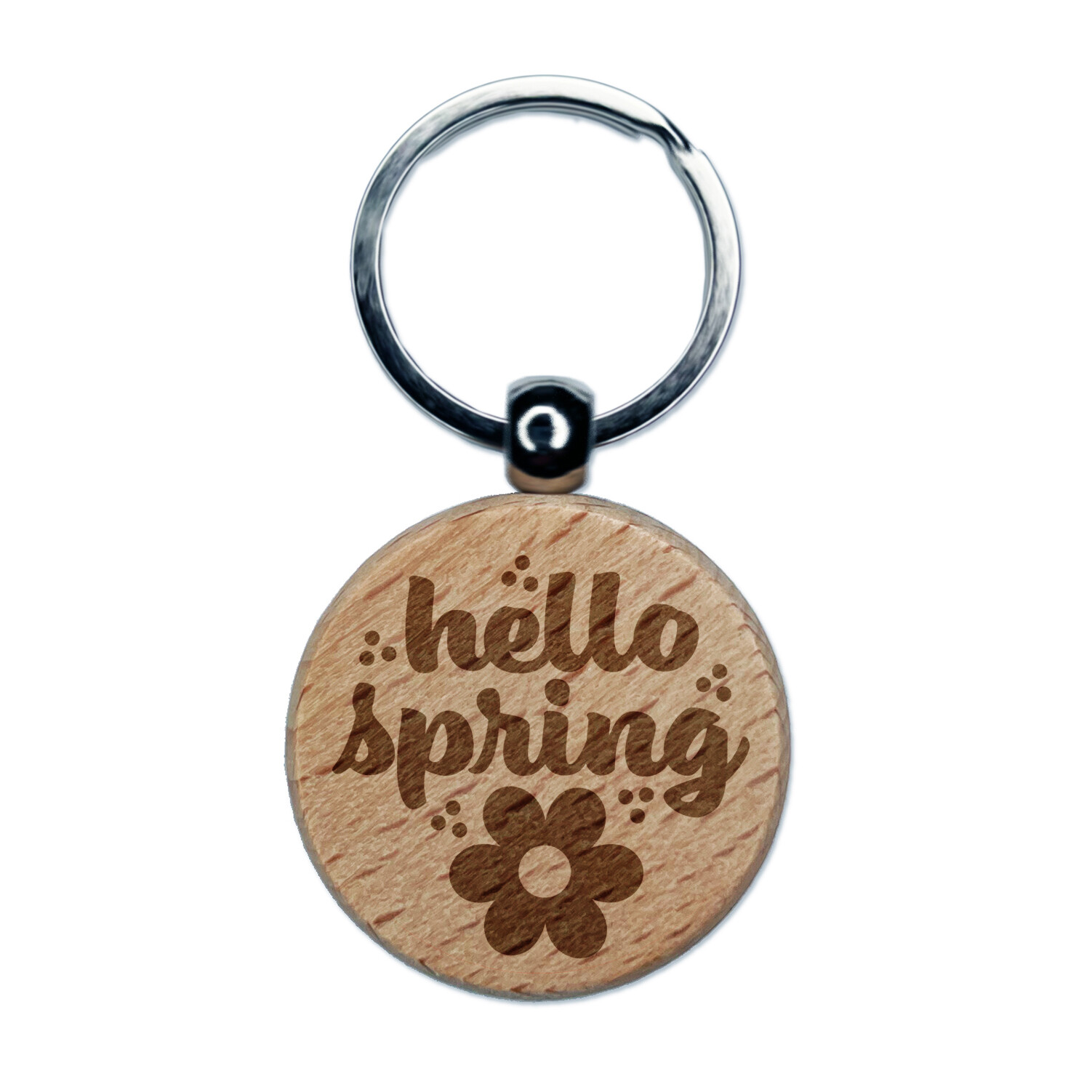Hello Spring Engraved Wood Round Keychain Tag Charm
