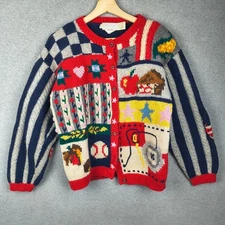 Vintage The Eagle Eye Cardigan Sweater Women Medium Hand Knit  America Flag 1990