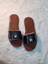 LOUIS VUITTON Lock It Accent Flat Mule Leather Sandals Black Shoes EU 37 US 7