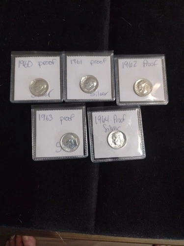 1960+1961+1962+1963+1964 Total Of 5 Proof Silver Roosevelt Dimes In Flips BU
