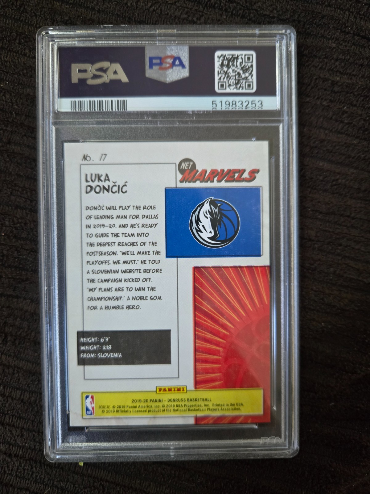 2019 Panini Donruss Luka Doncic Net Marvels PSA 10 view 2