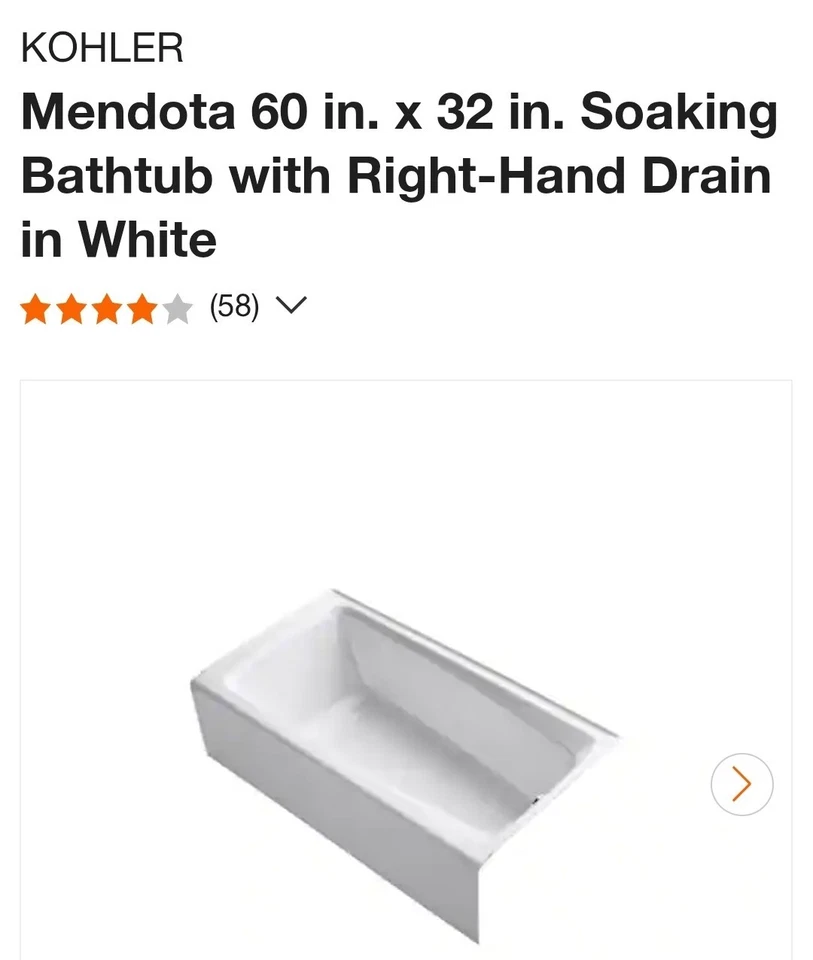 Kohler Mendota K-26068 60" x 32" Alcove Bath Righ Drain Enameled Cast Iron WHITE - Image 2 of 4