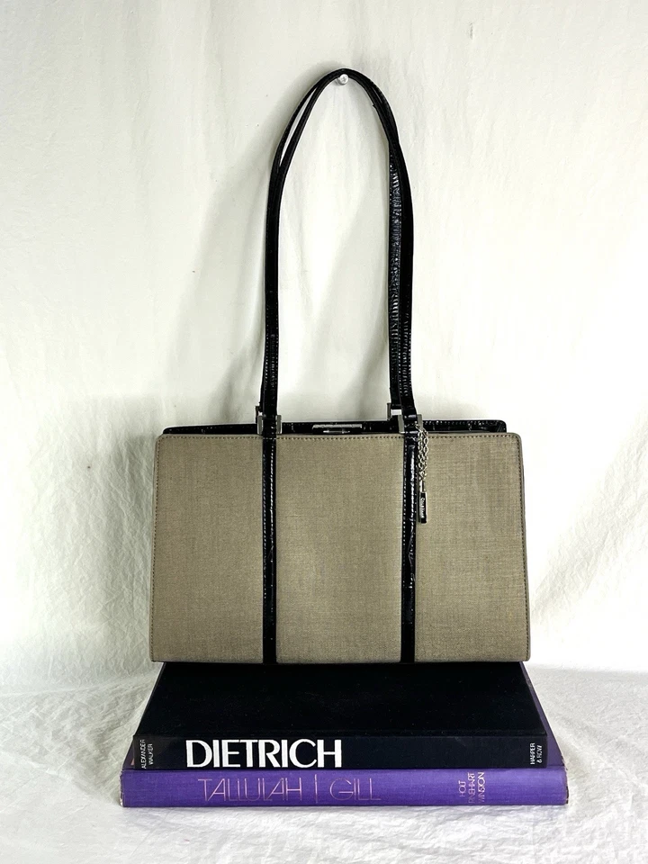 Cartera Cole Haan vintage beige seda con detalles de cocodrilo negro Y2K CBK Foto 2 de 4