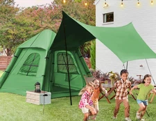 2-4 Persons Inflatable Camping Tent with Pump & Extended Canopy Easy Set-up