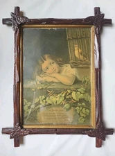 Antique 1869 Chromolithograph The Evening Song H. Hallett Co. Carved Frame READ
