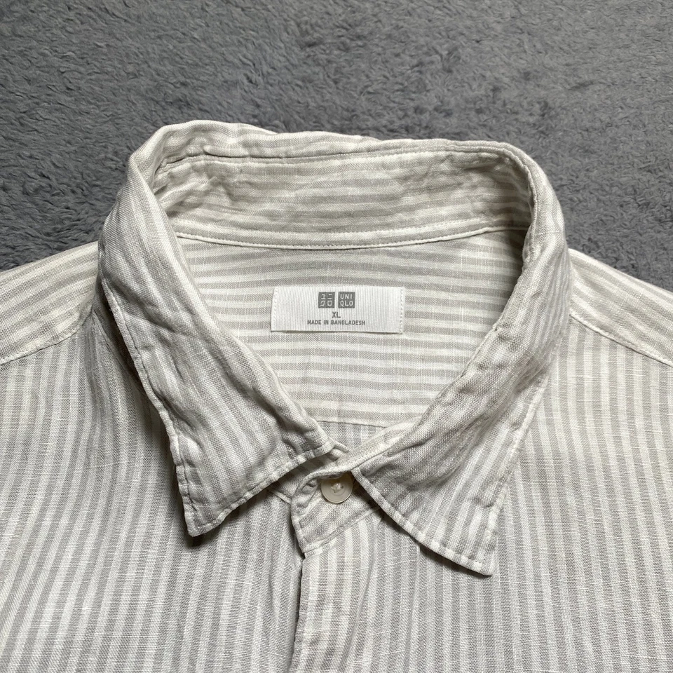 Uniqlo Shirt Men's XL Beige Striped Linen Long Sleeve Button-Up - Image 2 of 4