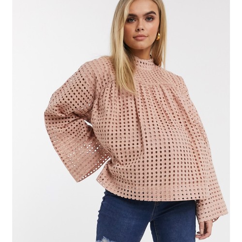 ASOS DESIGN Maternity long sleeve smock with high neck grid check broderie SZ 4 - Picture 2 of 9