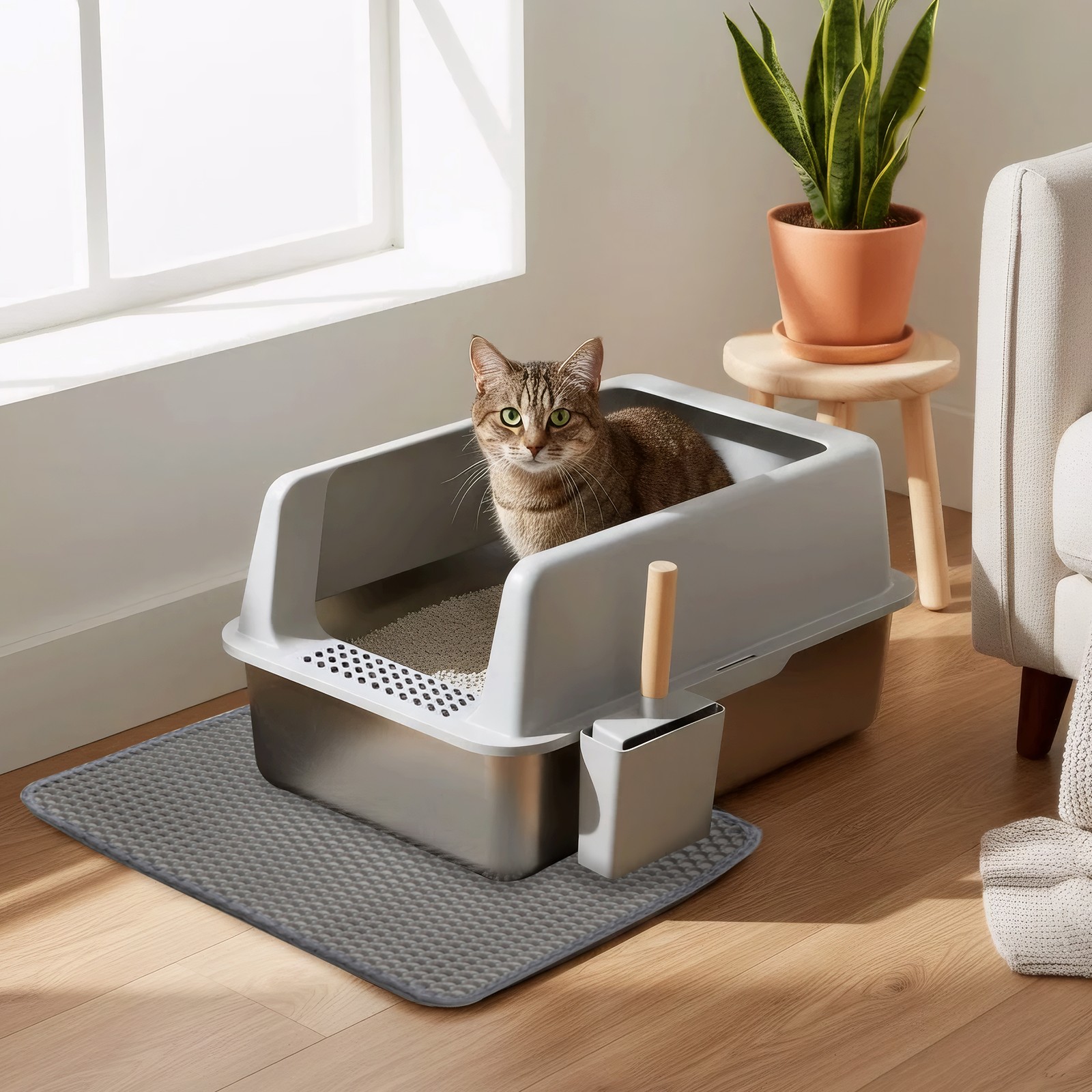 BingoPaw Stainless Steel Cat Litter Box Enclosure XXL High Sides Toilet with Lid
