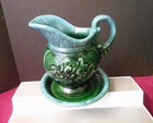 Hull Pottery USA Green Agate Drip Glaze #A50 Embossed Rose Pitcher & Under Plate