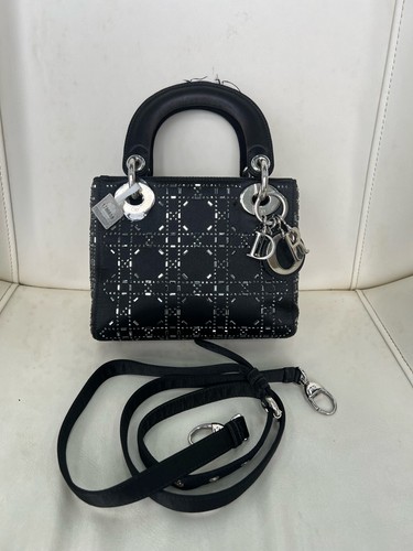 Dior Lady Mini Black Satin Silver HW Top Handle Shoulder Bag AUTH