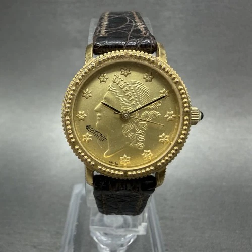 Lucien Piccard Liberty Coin Watch Women 24mm Gold Dial Gold Tone Manual Wind Run