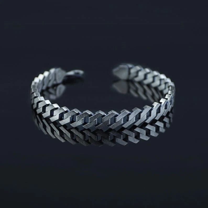 Mens Sterling Silver Cuban Bracelet, Oxized Curb Chain Men Bracelet - Image 2 of 4