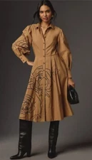 Anthropologie Long Sleeve Shirt Midi Maxi Dress Floral Embroidered Tan 14 NEW