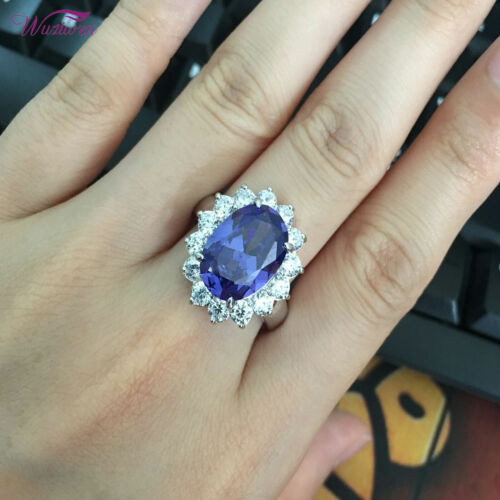 Wuziwen Blue Tanzanite Engagement Ring Sterling Silver Floral Ring Lab Created - Picture 1 of 16