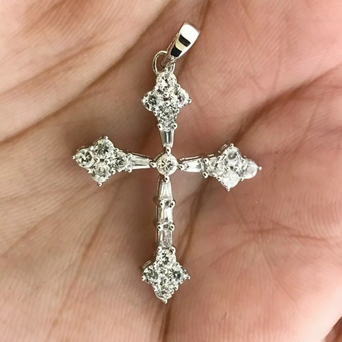925 Silver Round Cut Simulated Diamond Cross Pendant Chain 14k White Gold Plated - Picture 6 of 6