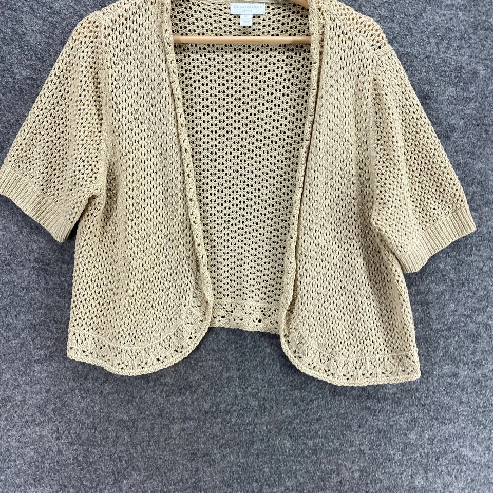 Top Charter Club Mujer PL Petite Beige Crochet Frente Abierto Manga Corta Informal Foto 4 de 4