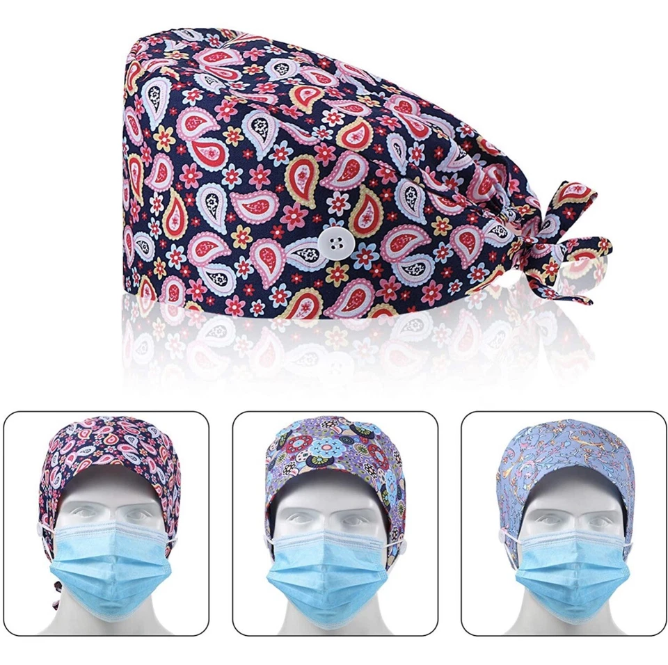 Bouffant Cap with Button Sweatband Tie Back Hat for Women Men 3pack - Image 2 of 3