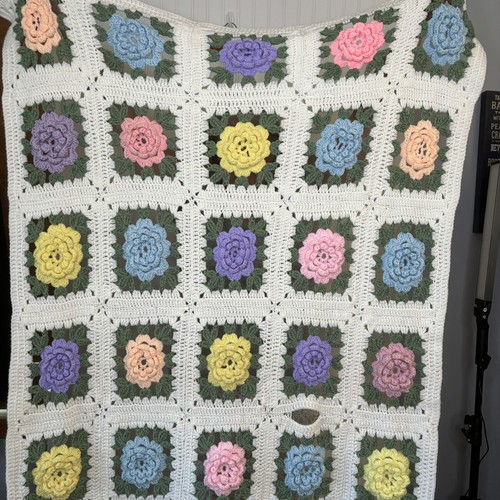 Vintage Afghan Crocheted Blanket Throw 3D Roses Farmhouse Boho Cottage Core