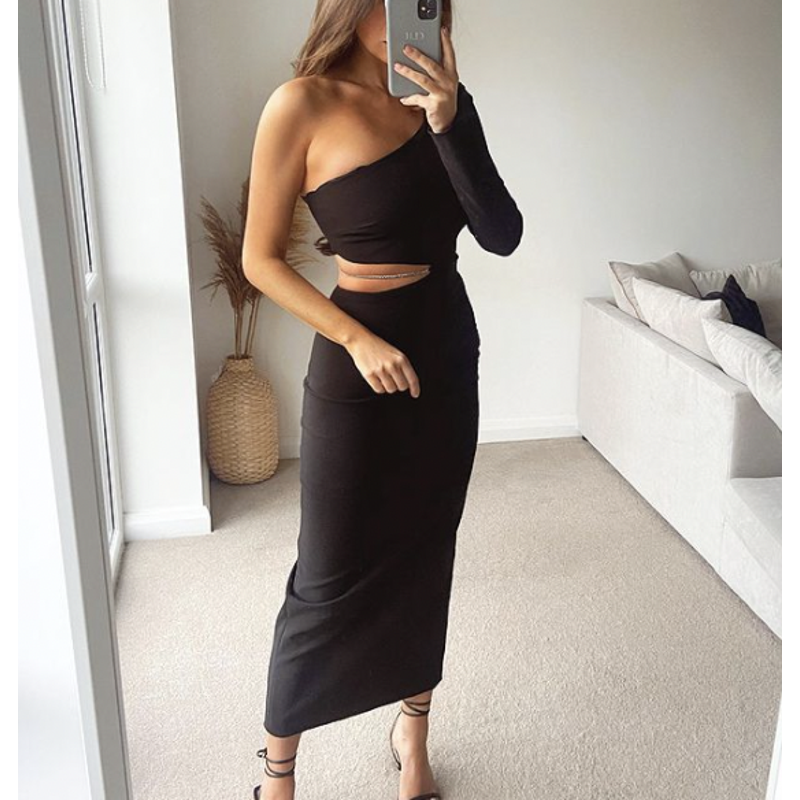 ZARA BLACK MIDI CHAIN ASYMMETRIC DRESS SIZE L REF. 2712/345