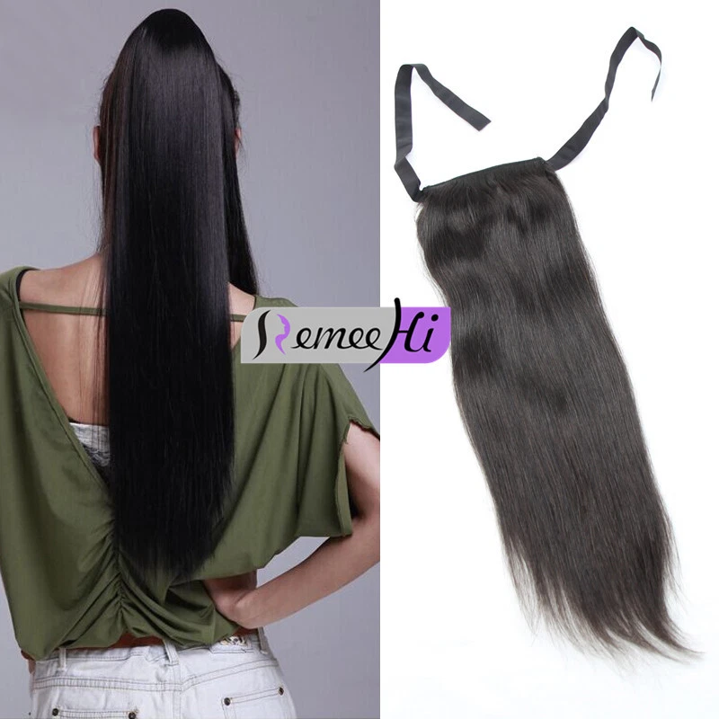 Ponytail Clip In 100% Real Human Hair Extension Drawstring Tie Up Hairpieces 80g - Image 4 of 4