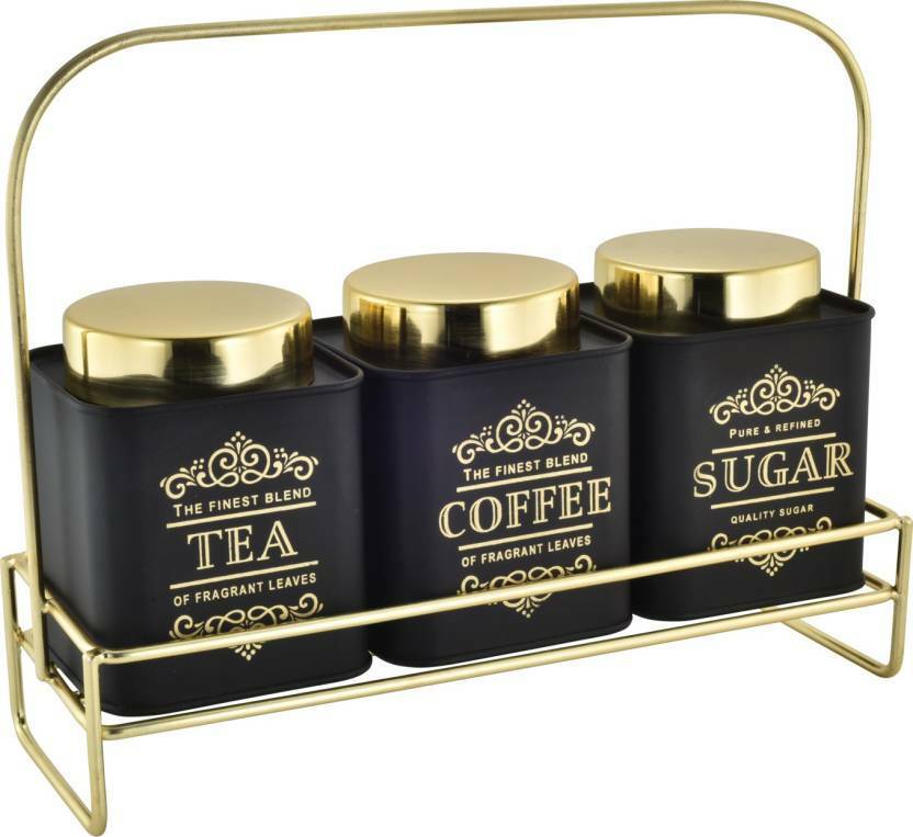 Black & Copper Colored Tea Coffee Sugar Jars with Stand