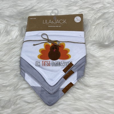 Lila & Jack My First Thanksgiving Bandana Bib 3 Pack Turkey Gift Gray White NEW