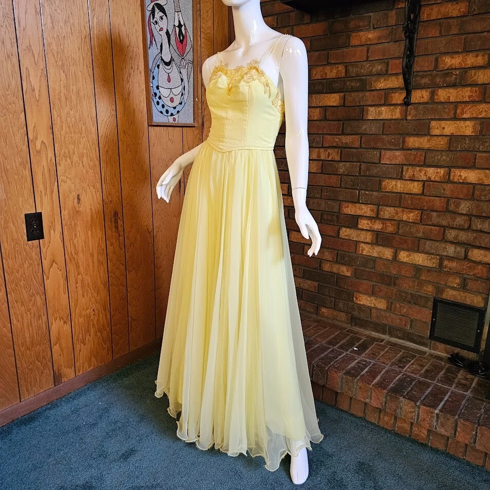 De Colección Años 60 Amarillo Limón Gasa Novia Baile de graduación Vestido Formal Noche Vestido S Foto 4 de 4