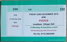 FOCUS CONCERT TICKET LIVE at LOWDHAM VILLAGE HALL UK TOUR 2018 THIJS VAN LEER