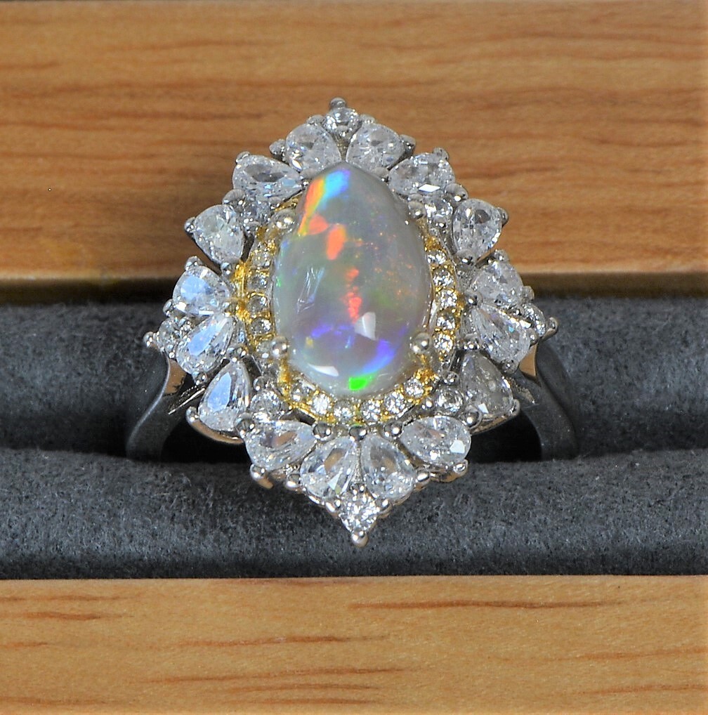 Adjustable  Solid Opal Ring Australian Crystal Gem Red Pink Gift Rainbow Fire